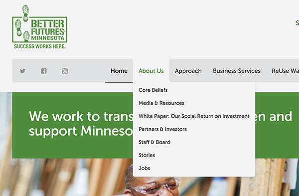 Screenshot of Better Futures Minnesota navigation dropdown