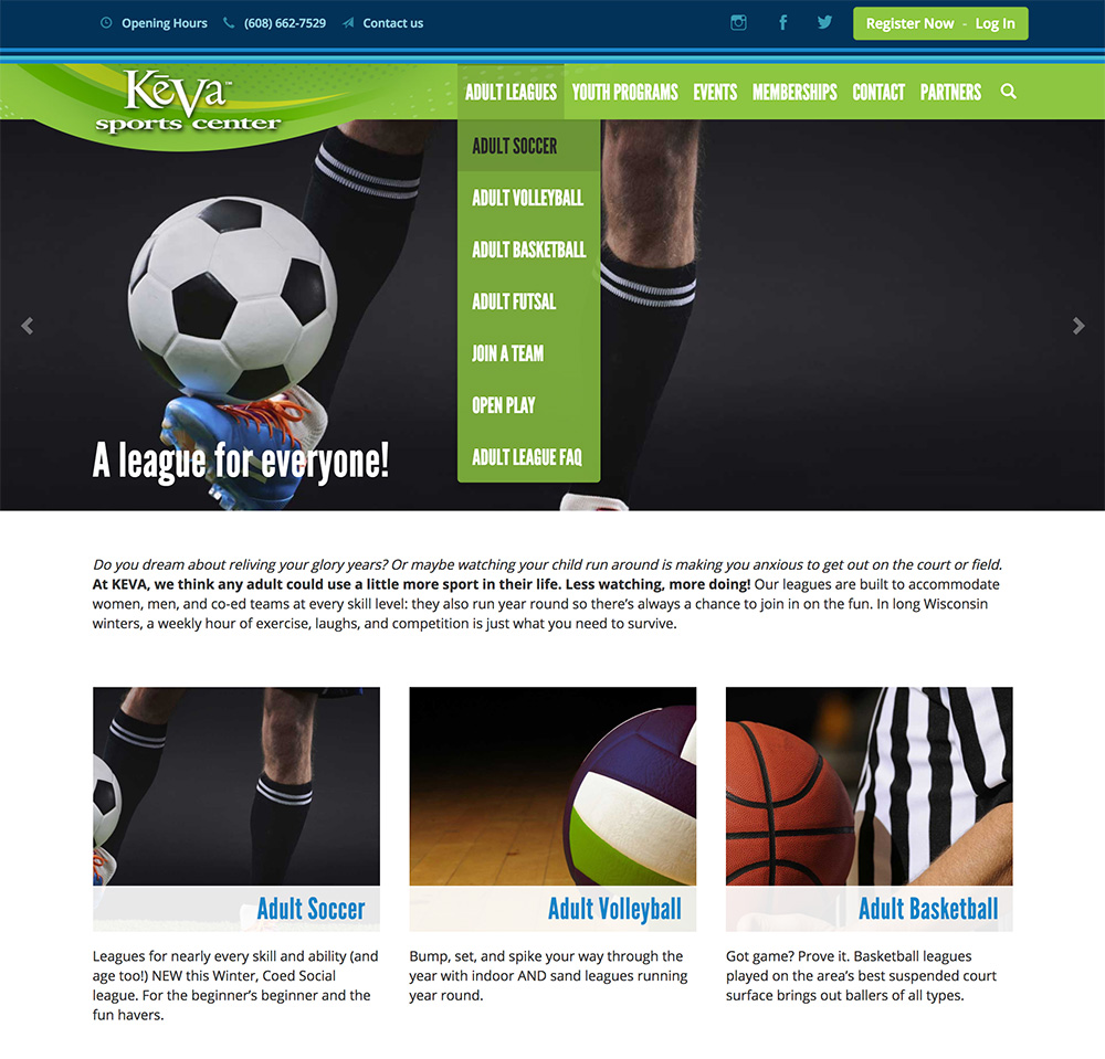 Screenshot of the Keva Sports website