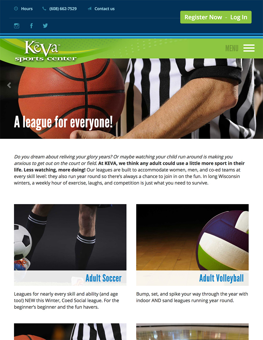 Screenshot of the Keva Sports website on a tablet device