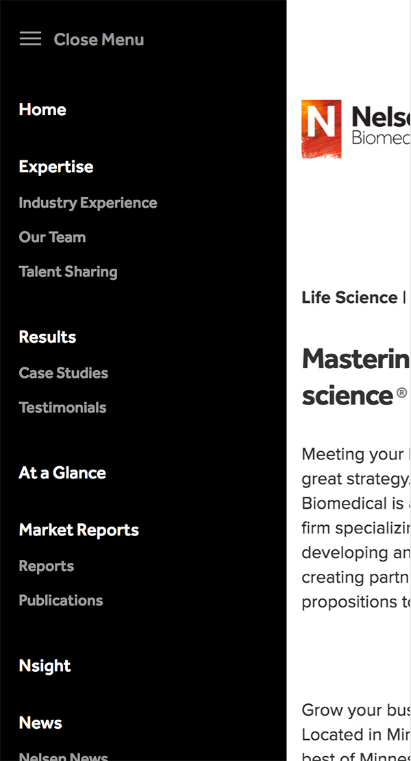 Screenshot of Nelsen Biomedical navigation menu on a mobile device