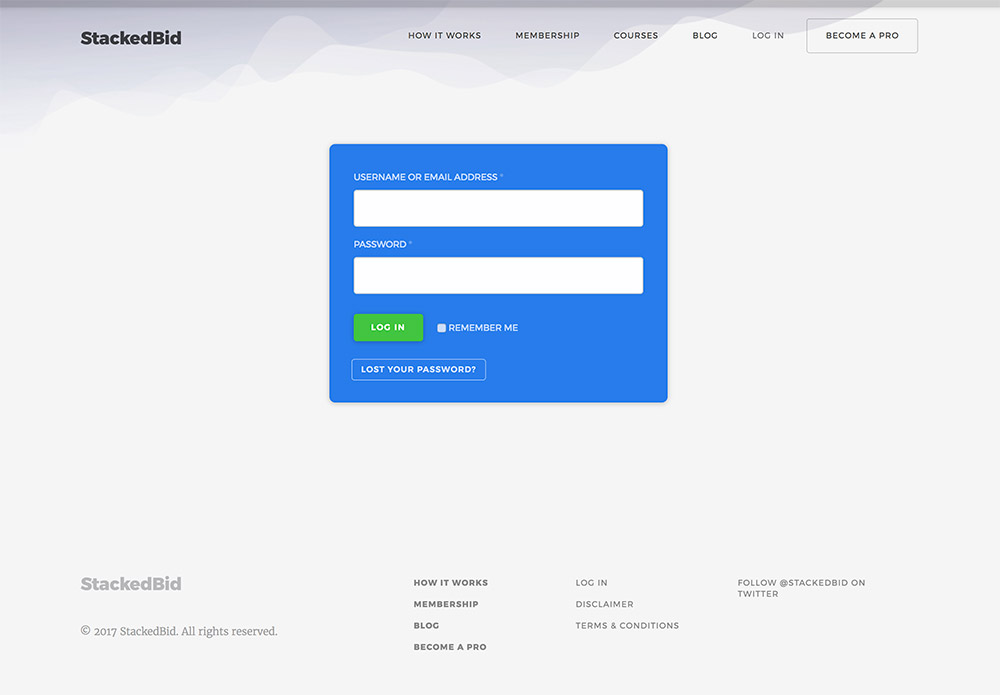 Screenshot of StackedBid login screen