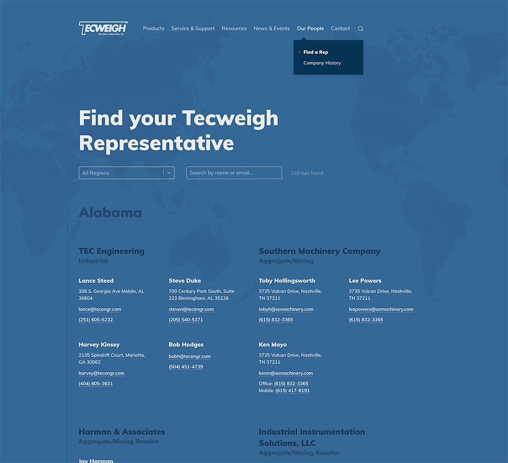 Screenshot of Tecweigh rep finder application