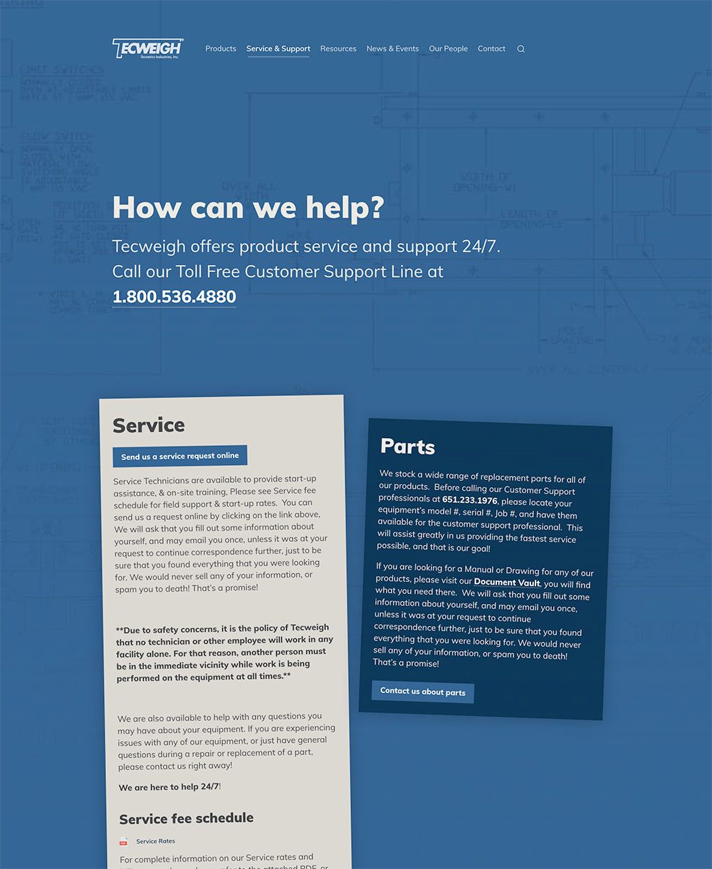 Screenshot of Tecweigh Service & Support page